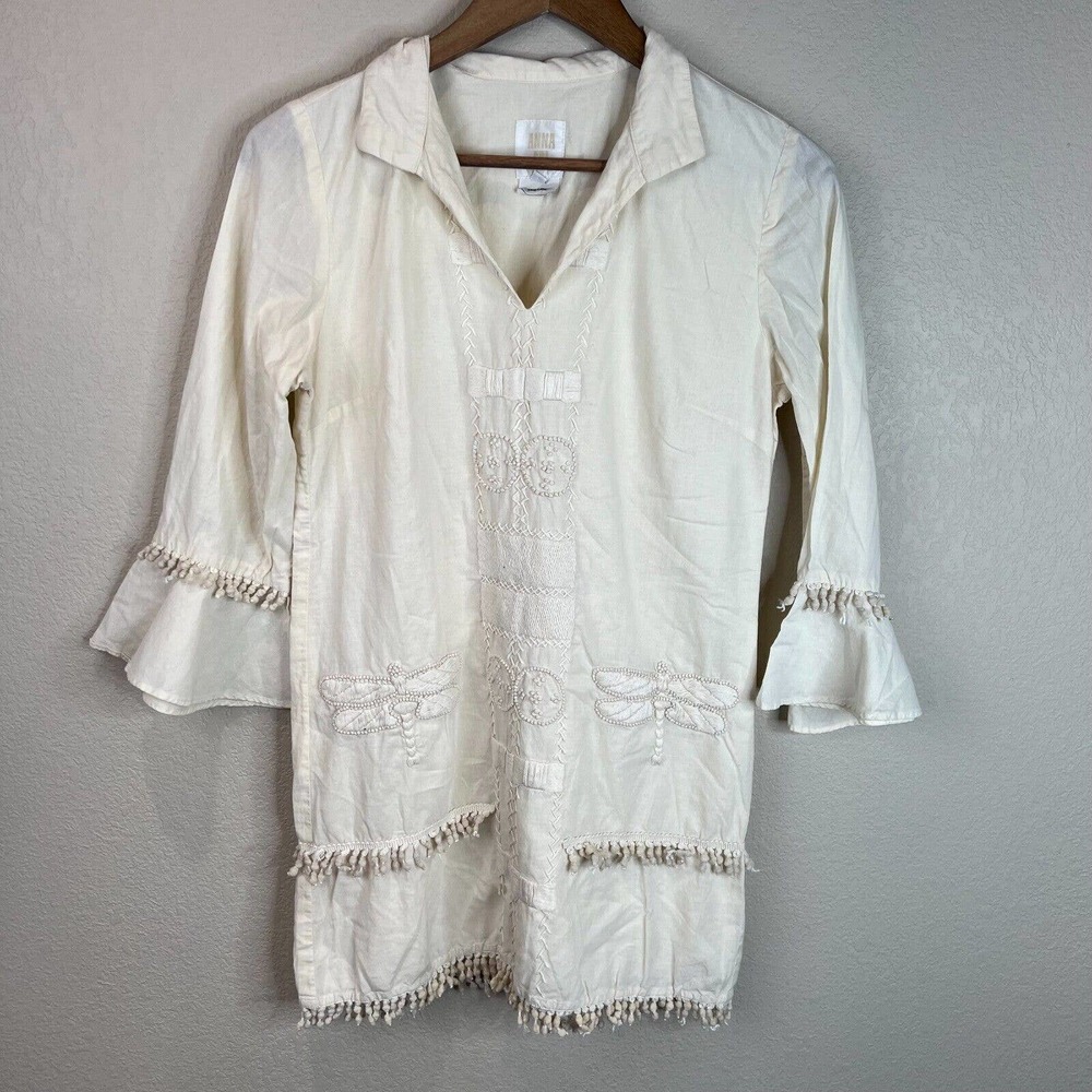 Anna Sui Womens Embroidered Tunic Blouse Size P White Bell Sleeve Fringed Trims